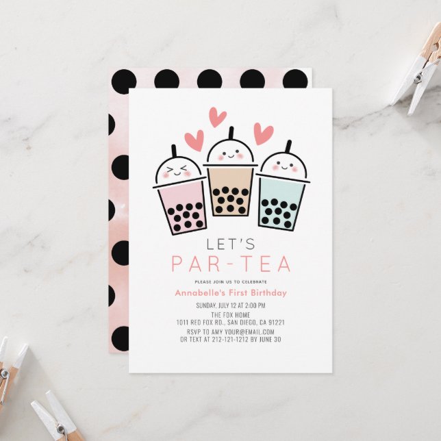 Invitación Fiesta de Cumpleaños de Niña de Boba Burbuja de Té (Anverso/Reverso In Situ)