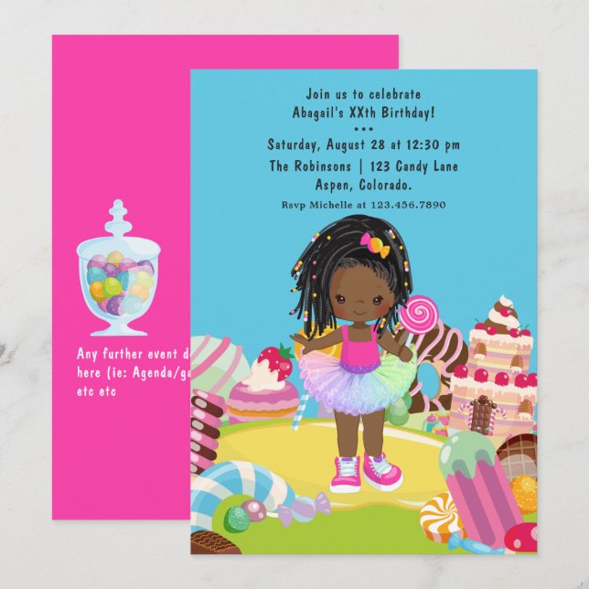 Invitación Fiesta de cumpleaños de niña de Candy Land afroame (Anverso / Reverso)