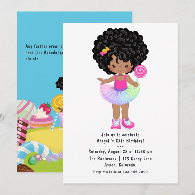 Invitación Fiesta de cumpleaños de niña de Candy Land afroame (Anverso / Reverso)