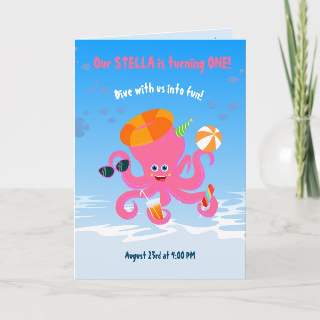 Invitación Fiesta de cumpleaños de niña de pulpo rosa de vera (Anverso)