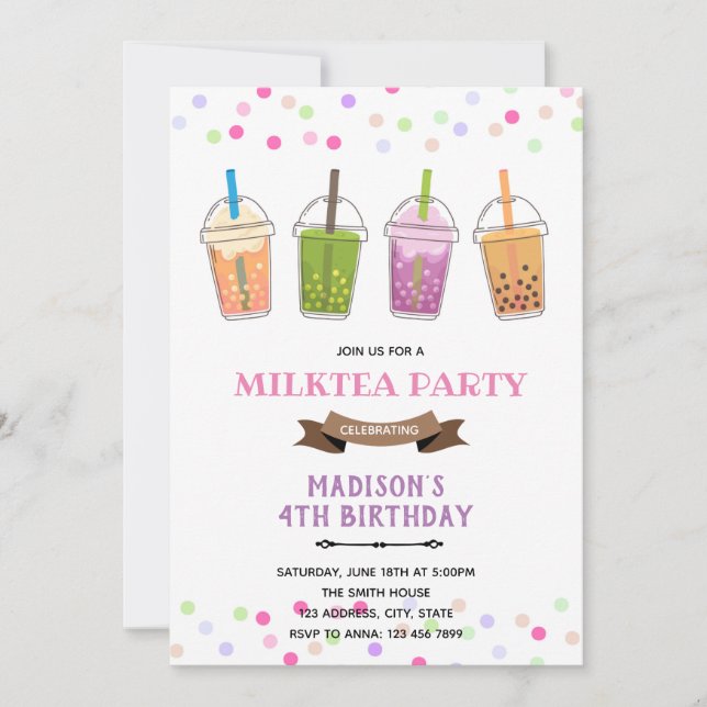 Invitación Fiesta de cumpleaños de niña de té con leche y bur (Anverso)