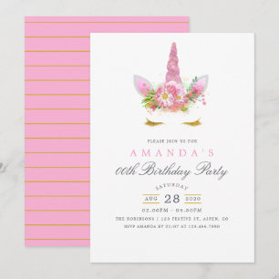 Invitación Fiesta de cumpleaños de niña de unicornio floral r