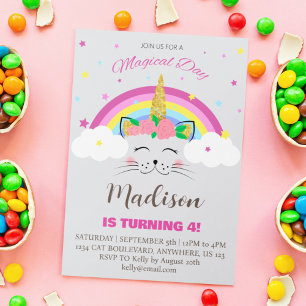 Invitación Fiesta de Cumpleaños de Niña Día Mágico Gato Unico