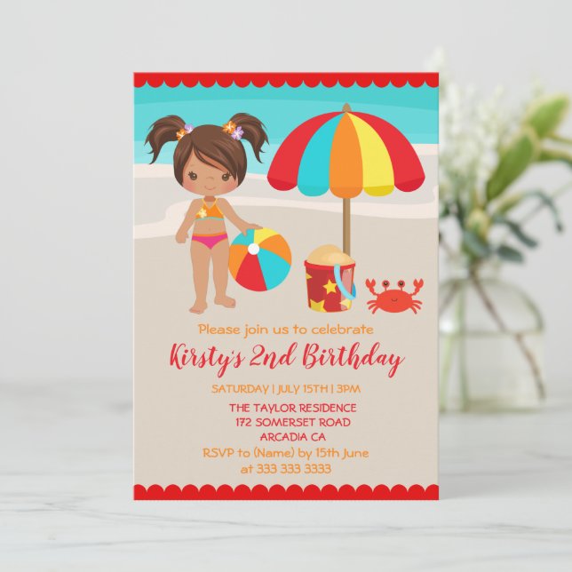 Invitación Fiesta de cumpleaños de niña en la playa de verano (Anverso de pie)