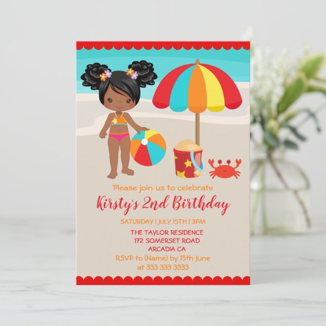 Invitación Fiesta de cumpleaños de niña en la playa de verano (Anverso de pie)