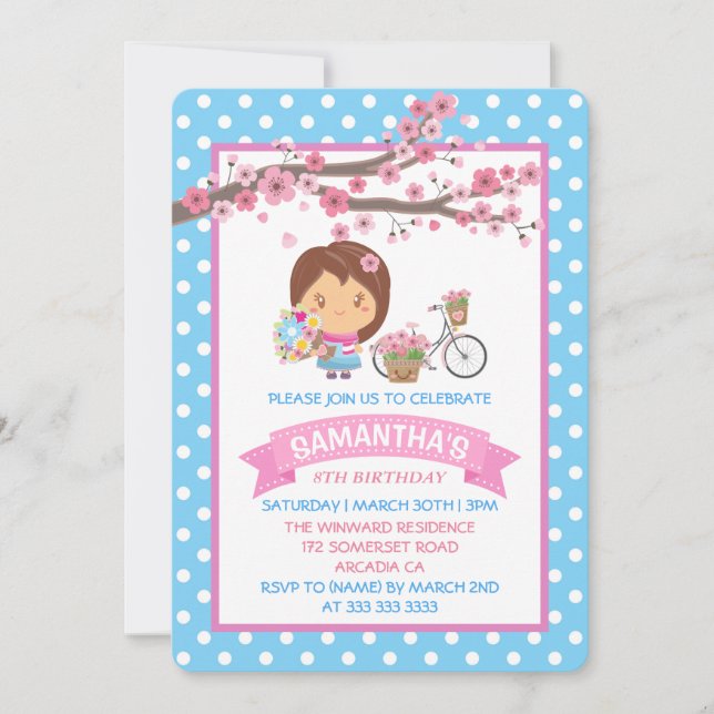 Invitación Fiesta de cumpleaños de niña flores de cerezo prim (Anverso)