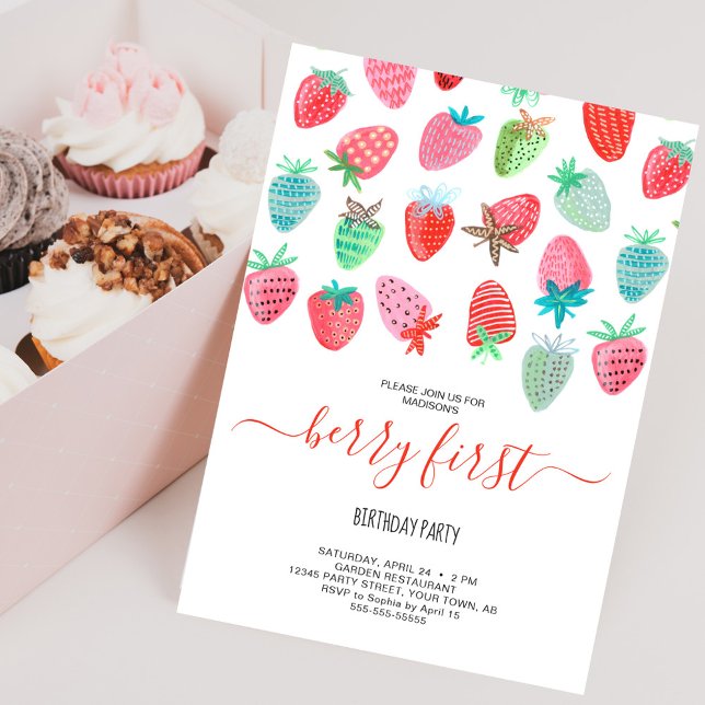 Invitación Fiesta de cumpleaños de niña fresa linda (Cute Strawberry girl berry first birthday party Invitation)