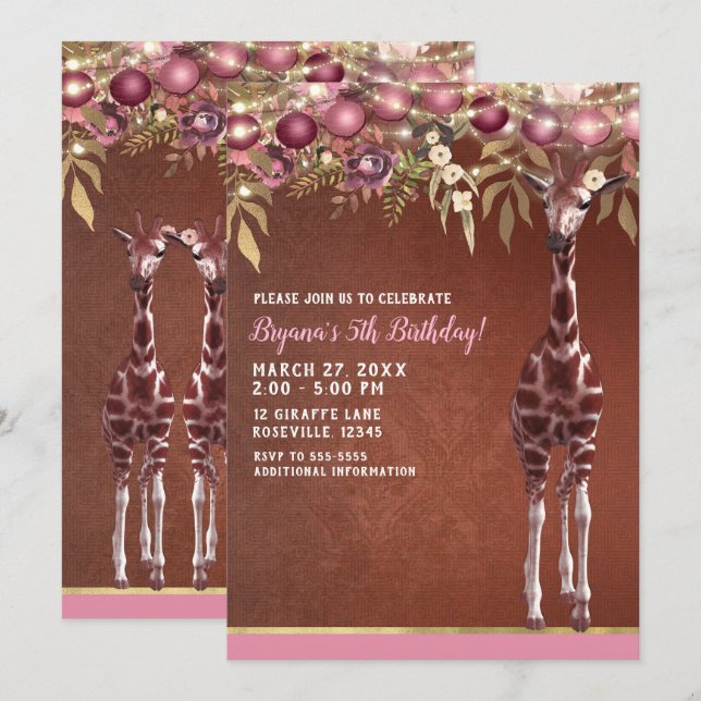 Invitación Fiesta de Cumpleaños de Niña Jirafa Floral Rosa y  (Anverso / Reverso)