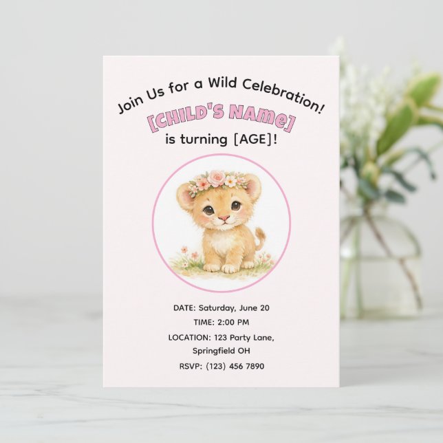 Invitación Fiesta de Cumpleaños de Niña León Safari Aquarela  (Anverso de pie)