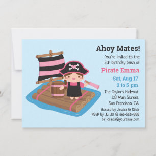 Invitación Fiesta de cumpleaños de niña pirata linda en barco