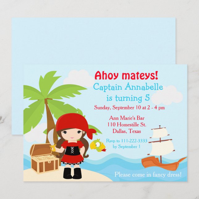 Invitación Fiesta de cumpleaños de niña pirata morena linda (Anverso / Reverso)