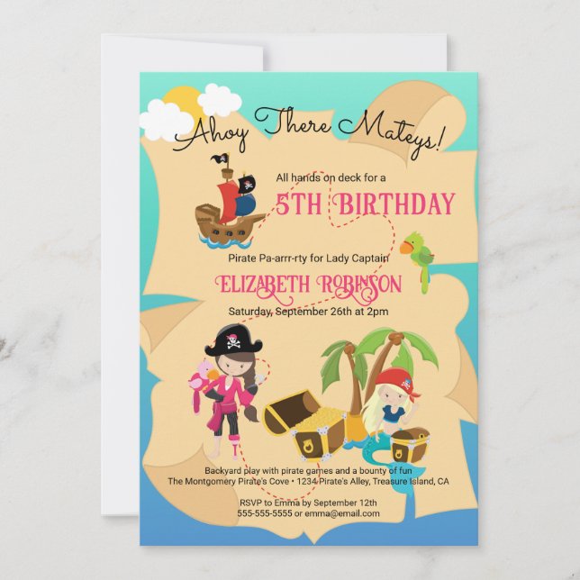 Invitación Fiesta de cumpleaños de niña pirata rosa personali (Anverso)