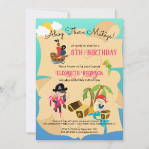 Invitación Fiesta de cumpleaños de niña pirata rosa personali