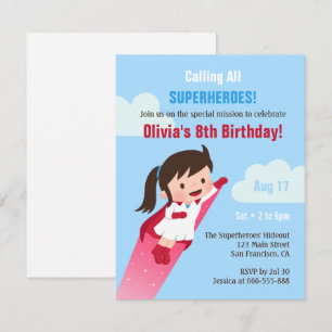 Invitación Fiesta de Cumpleaños de Niña Súper Heroe Voladora