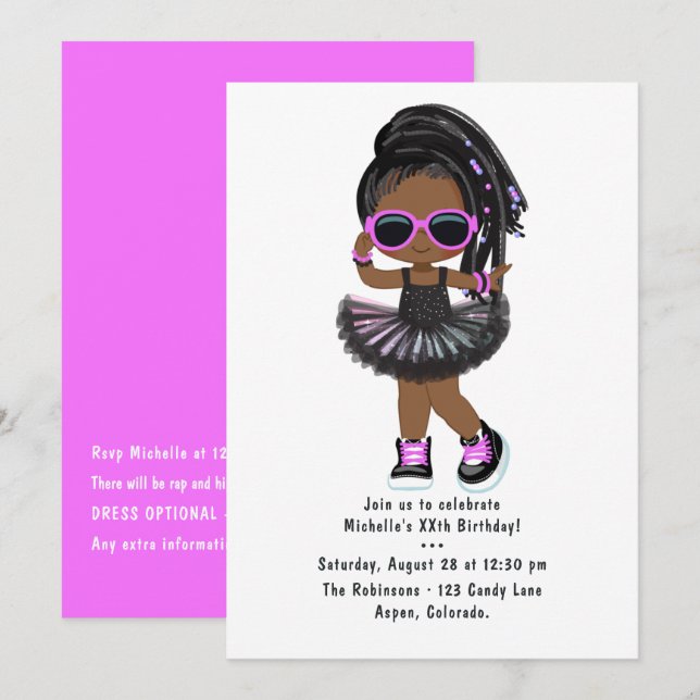 Invitación Fiesta de cumpleaños de niña tutú de rap hip hop C (Anverso / Reverso)