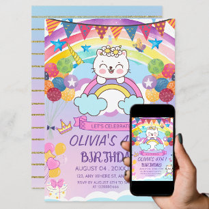 Invitación Fiesta de Cumpleaños de Niña Unicornio Gato Arcoír