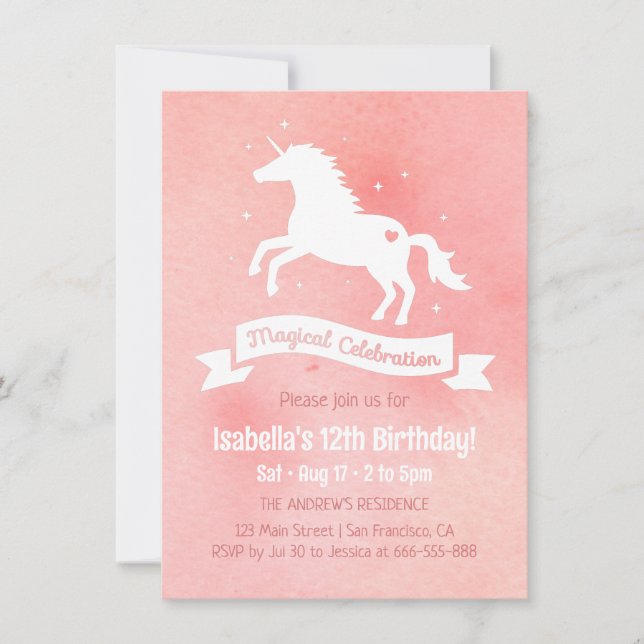Invitación Fiesta de Cumpleaños de Niñas Acuarela Unicornio B (Anverso)