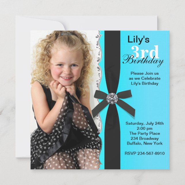 Invitación Fiesta de cumpleaños de niñas azul turquesa (Anverso)