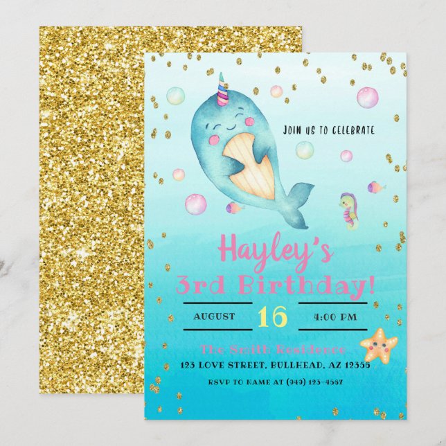 Invitación Fiesta de cumpleaños de niñas con acuarela pastel  (Anverso / Reverso)