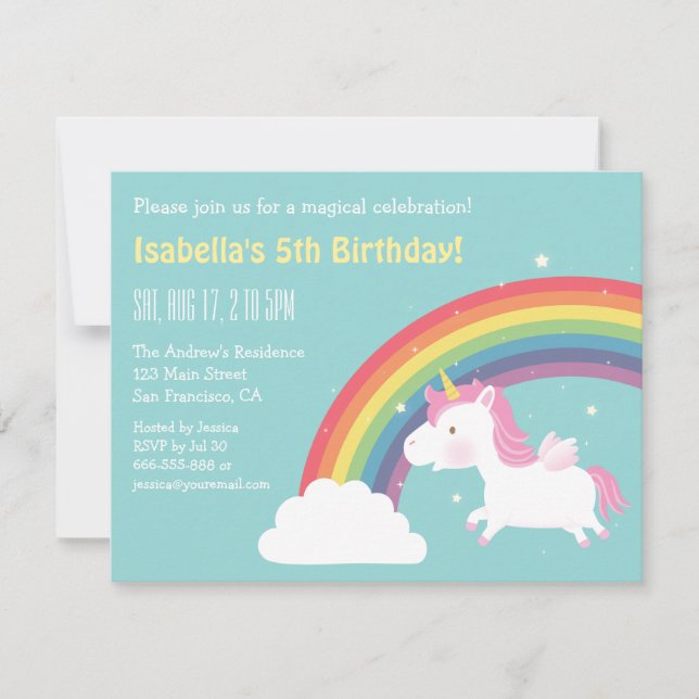 Invitación Fiesta de Cumpleaños de Niñas con Arcoíris y Unico (Anverso)