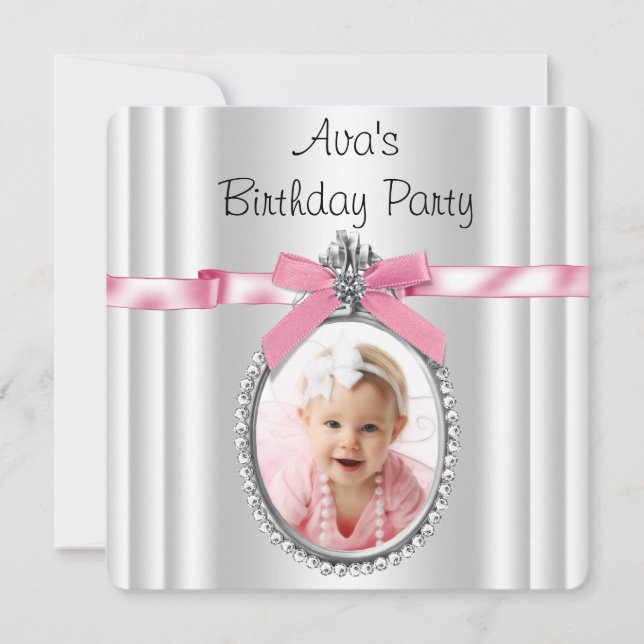 Invitación Fiesta de cumpleaños de niñas con foto rosa (Anverso)
