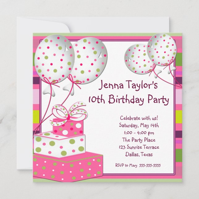 Invitación Fiesta de Cumpleaños de Niñas con Globos Rosados (Anverso)
