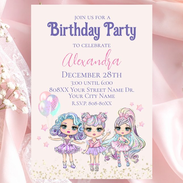 Invitación Fiesta de cumpleaños de niñas con muñecas glitter  (Subido por el creador)