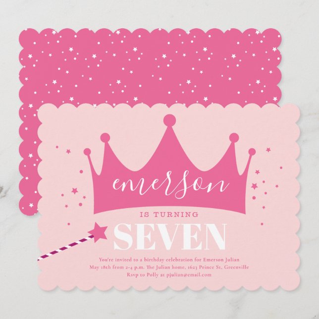 Invitación Fiesta de cumpleaños de niñas corona de princesa (Anverso / Reverso)