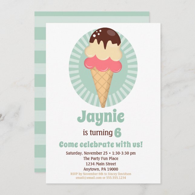 Invitación Fiesta de cumpleaños de niñas de Ice Cream Cone (Anverso / Reverso)