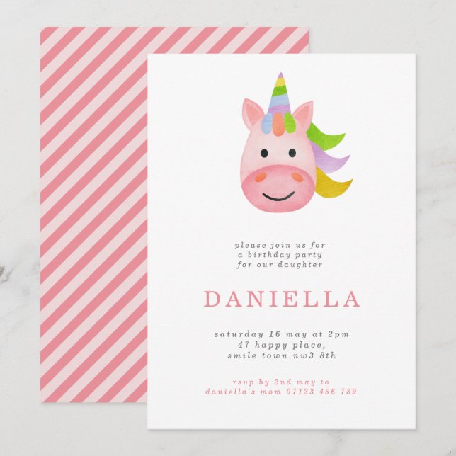 Invitación Fiesta de cumpleaños de niñas de Rainbow Unicorn m (Anverso / Reverso)