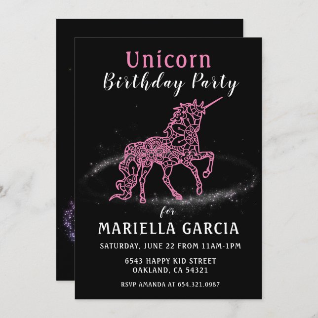 Invitación Fiesta de cumpleaños de niñas de Unicornio rosado  (Anverso / Reverso)
