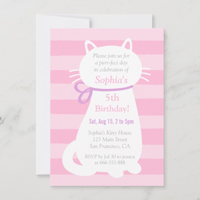 Invitación Fiesta de Cumpleaños de Niñas Gato Blanco con Raya (Anverso)