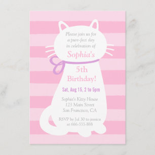 Invitación Fiesta de Cumpleaños de Niñas Gato Blanco con Raya