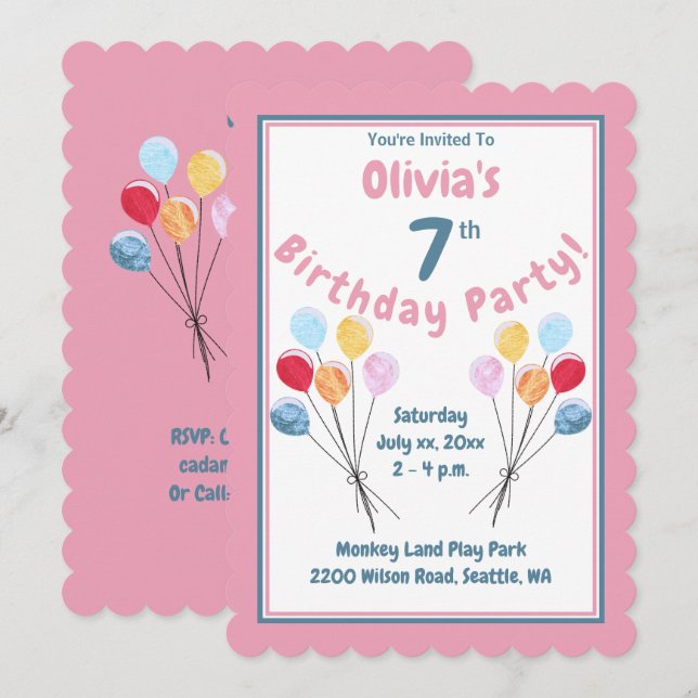 Invitación Fiesta de Cumpleaños de Niñas Globos Rosados (Anverso / Reverso)