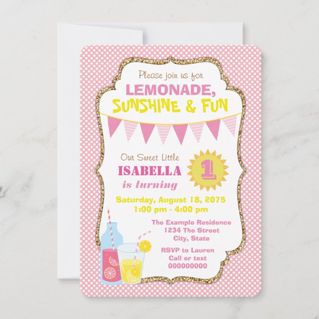 Invitación Fiesta de Cumpleaños de Niñas Limonada Rosa (Anverso)