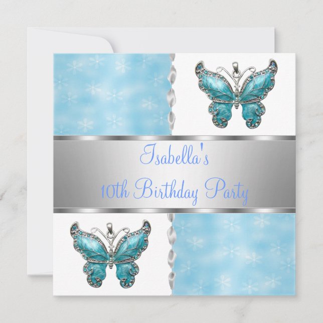 Invitación Fiesta de Cumpleaños de Niñas Mariposa Azul Blanco (Anverso)