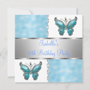 Invitación Fiesta de Cumpleaños de Niñas Mariposa Azul Blanco