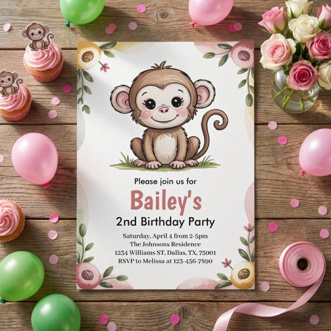 Invitación Fiesta de cumpleaños de niñas mono lindo selva (Subido por el creador)