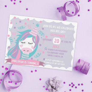 Invitación Fiesta de Cumpleaños de Niñas Pastel de Unicornio 