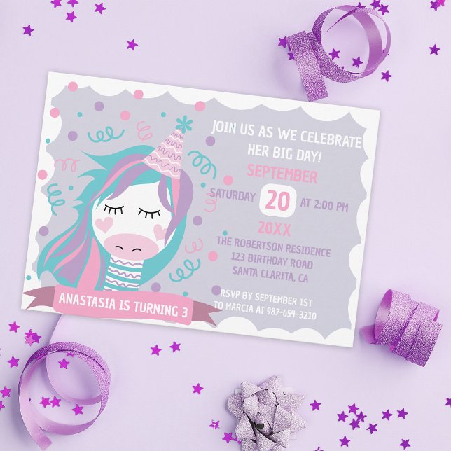 Invitación Fiesta de Cumpleaños de Niñas Pastel de Unicornio  (Subido por el creador)