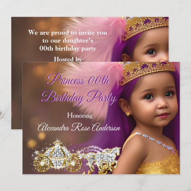 Invitación Fiesta de cumpleaños de niñas princesa Carruaje mo (Anverso / Reverso)