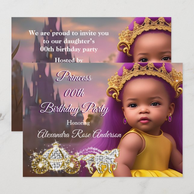 Invitación Fiesta de cumpleaños de niñas princesas púrpura ét (Anverso / Reverso)