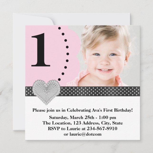 Invitación Fiesta de cumpleaños de niñas rosa y negro (Anverso)