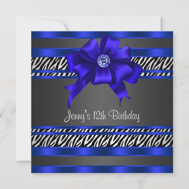 Invitación Fiesta de cumpleaños de niñas Royal Blue Zebra 12  (Anverso)