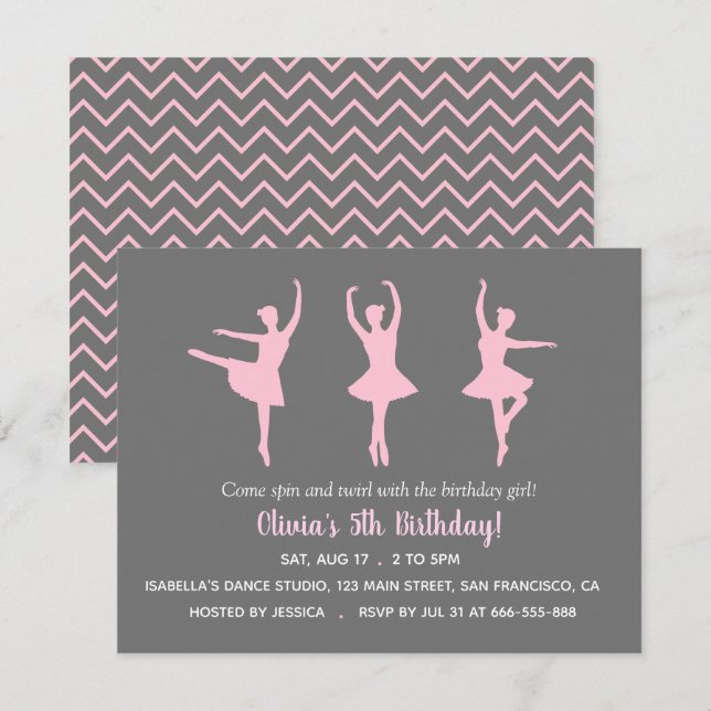 Invitación Fiesta de Cumpleaños de Niñas Silueta de Bailarina (Anverso / Reverso)