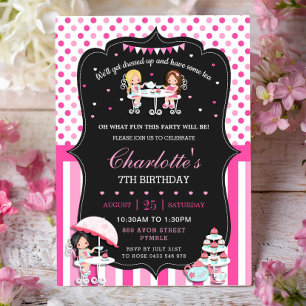 Invitación Fiesta de Cumpleaños de Niñas Té Rosa Caliente Lun