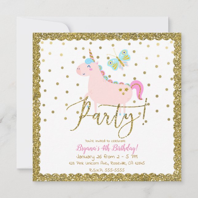 Invitación Fiesta de Cumpleaños de Niñas Unicornio con Brillo (Anverso)