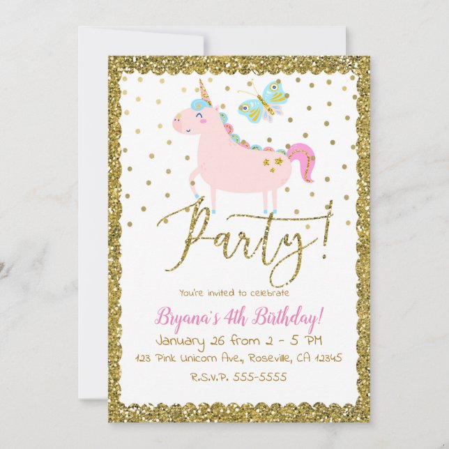 Invitación Fiesta de Cumpleaños de Niñas Unicornio con Brillo (Anverso)