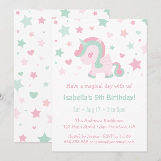 Invitación Fiesta de Cumpleaños de Niñas Unicornio Rosa Menta (Anverso / Reverso)