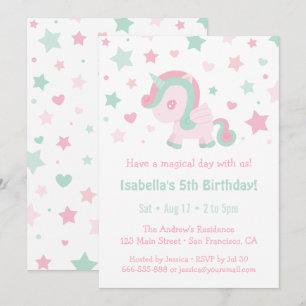 Invitación Fiesta de Cumpleaños de Niñas Unicornio Rosa Menta